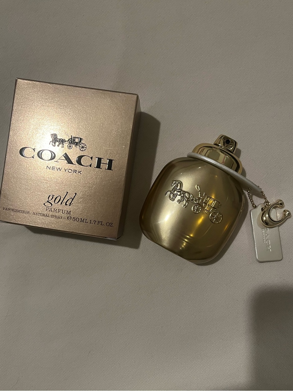 Coach Gold Parfum Bottle and Box - Metallic Gold